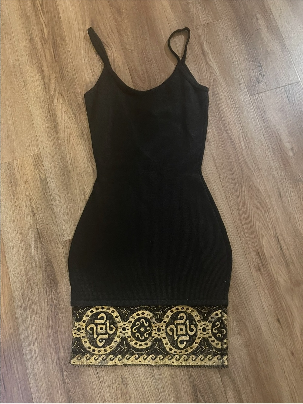 Zang Toi Black Knit Sleeveless Sheath Dress with Gold Lace,